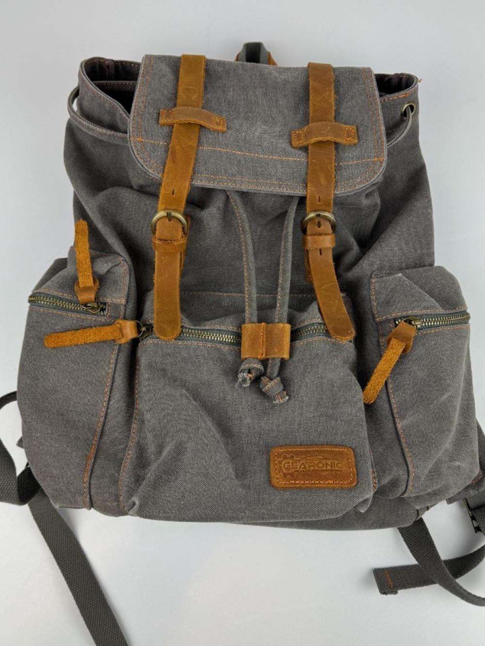 Gearonic Rucksack Adventure Backpack Heavy Duty Duck Canvas Leather Straps Gray